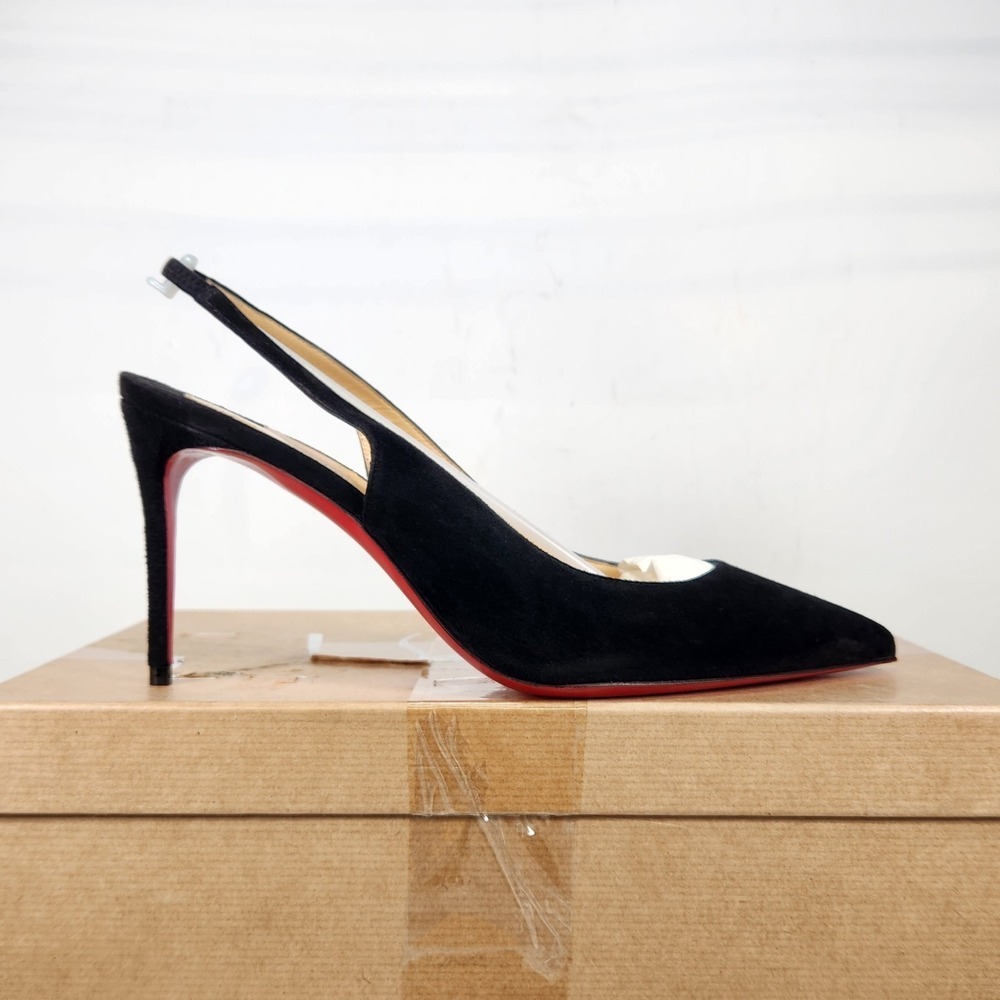 Christian Louboutin Kate Sling 85 Heels Women Size 38.5 Black Suede Pointed Toe